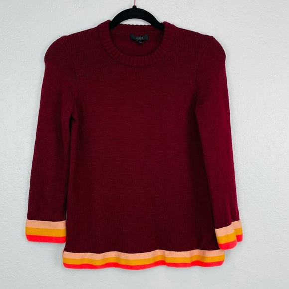 J CREW BURGUNDY TRIPLE TIPPED PULLOVER SWEATER 3 GAUGE WOOL STRIPES - Picture 3 of 8